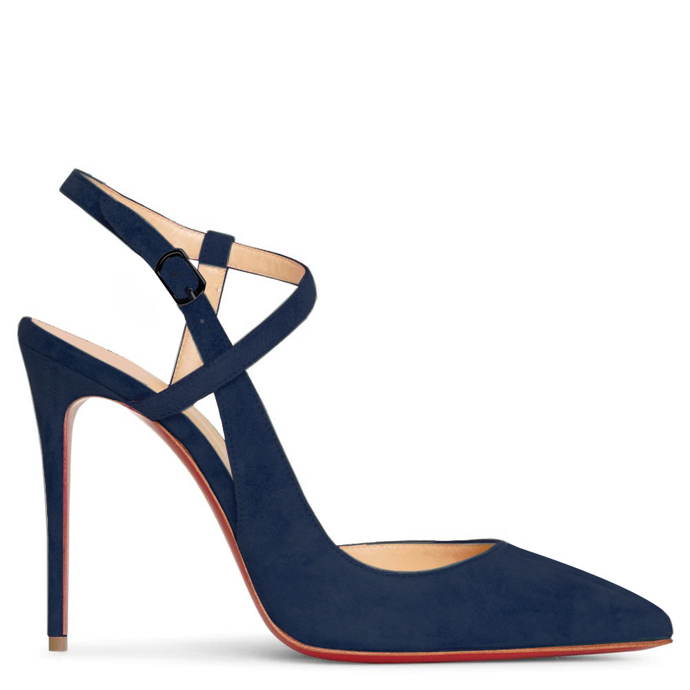 100mm Women Slingback Suede Pumps Ankle Strap Jenlove Stiletto Mid Heel Close Pointed Toe Dress Red Bottoms Shoes VOCOSI James Yang