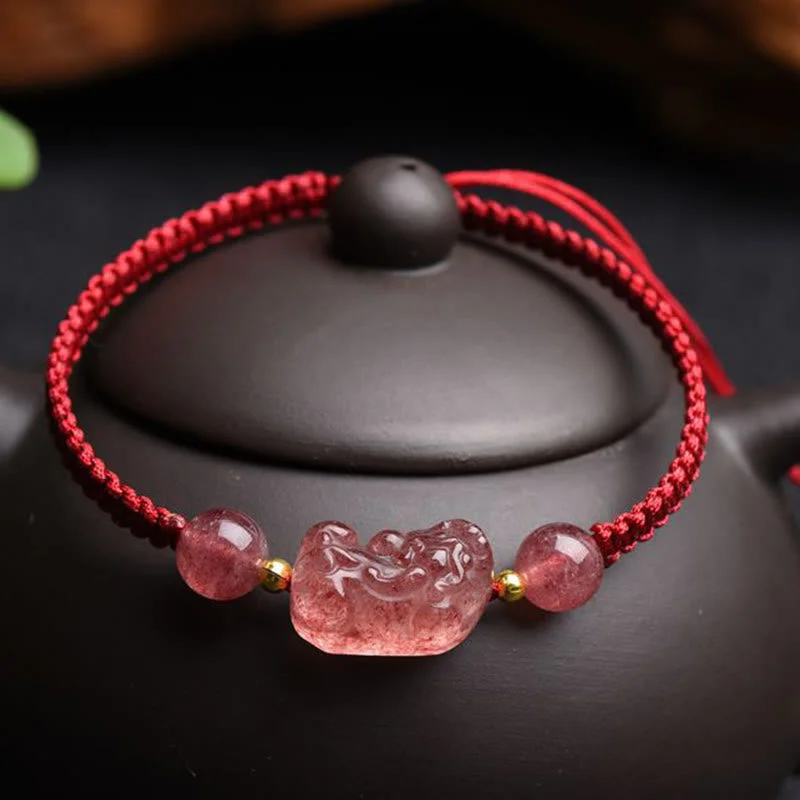 Natural Strawberry Quartz PiXiu Lucky Red String Bracelet