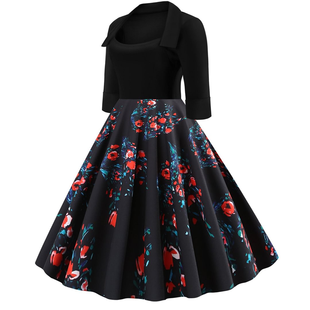 Middle-sleeve Floral-print Fashion Personalized Lapel Large Swing Dress