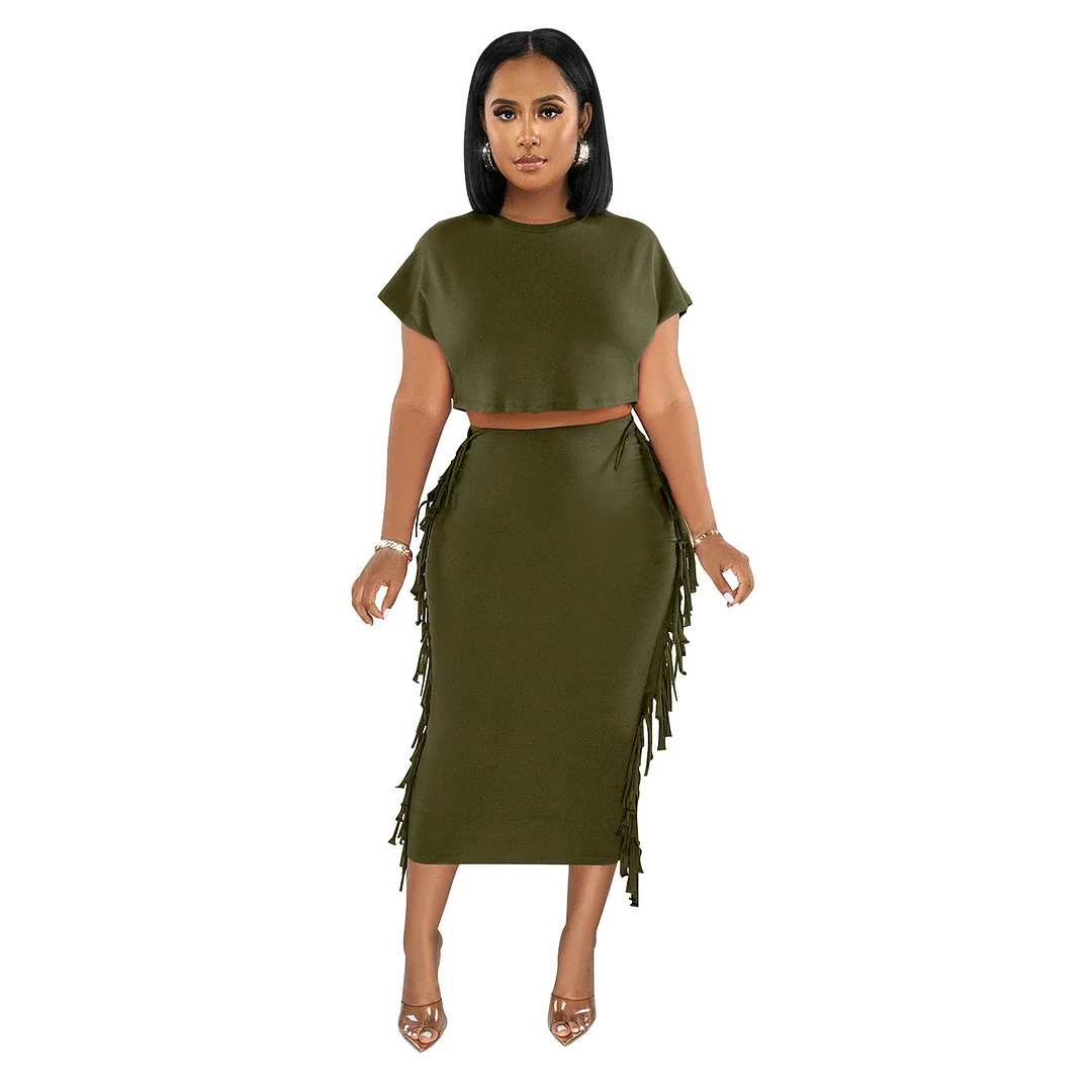 Churchf Churchf Fashion Women's Solid Color Tassel Round Collar Short-Sleeved Dress Two-Piece Set