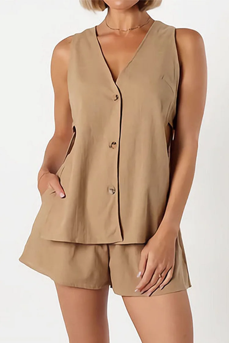 Cotton Cutout Sleeveless Button Shorts Set