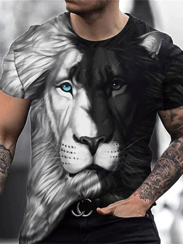 2023 Men's Hot Sale Fashionable Casual Round Neck Color Matching Lion  3D Print Short Sleeve T-Shirt Top