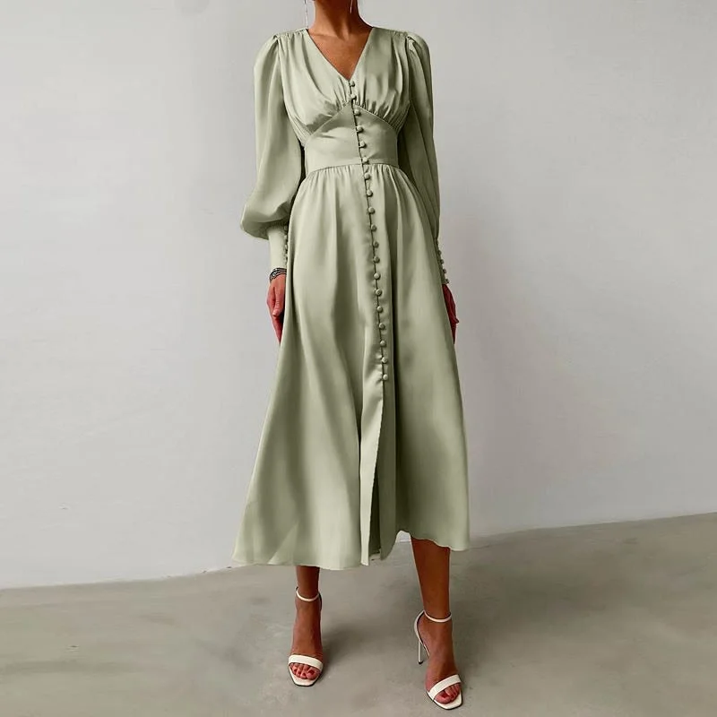 Celmia 2022 Fashion Elegant Single Breasted Satin Dress Women Sexy V Neck Sundress Lantern Sleeve High Waist Party Midi Dresses