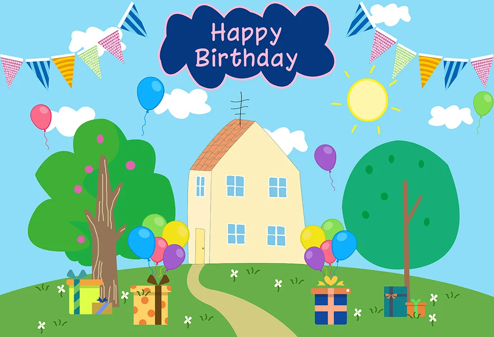 Happy Birthday Blue Sky White Cloud Balloon Cartoon Party Backdrop RedBirdParty