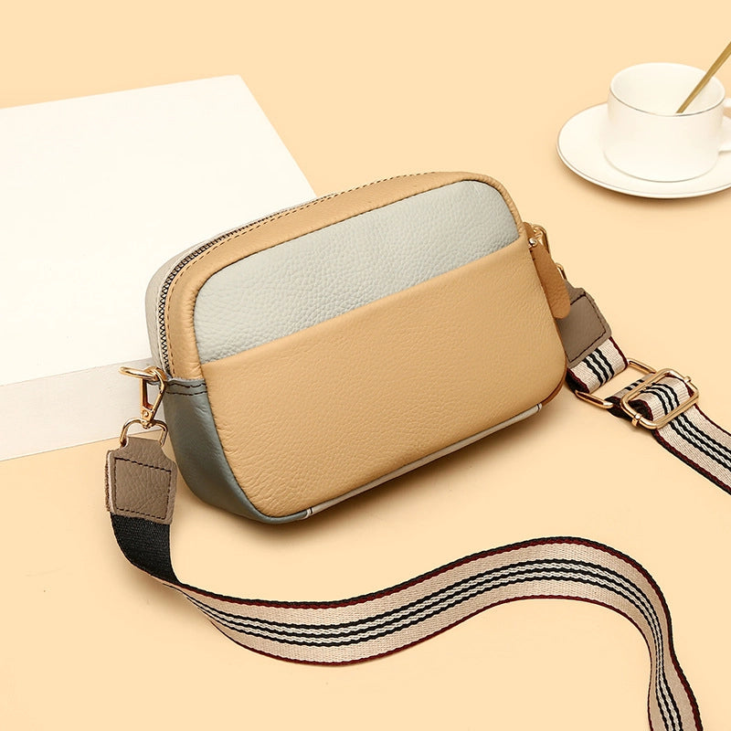Genuine Leather Women’s Color Matching Bag New Fashion Shoulder Messenger Bag First Layer Cowhide Small Square Bag