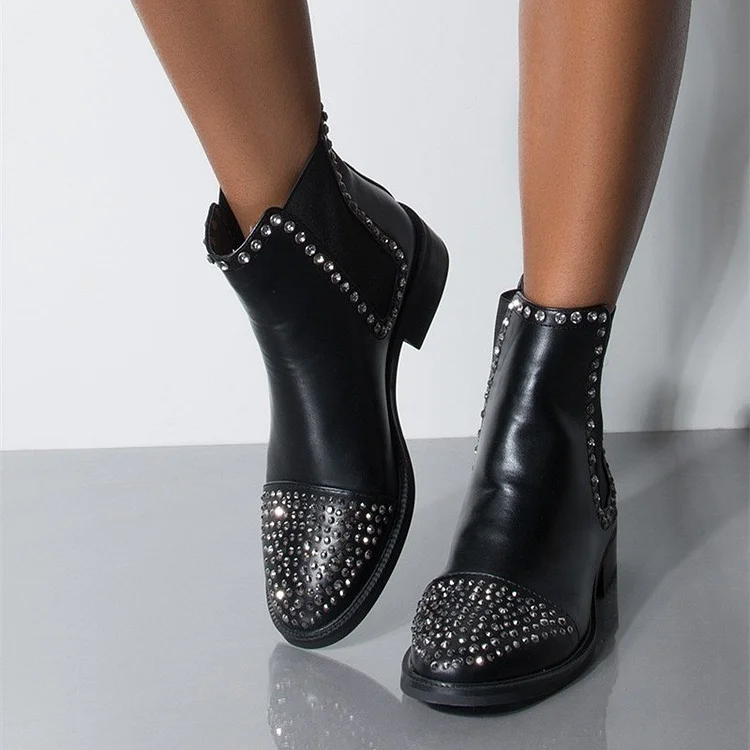 Black Chelsea Boots Rhinestone Ankle Boots |FSJ Shoes