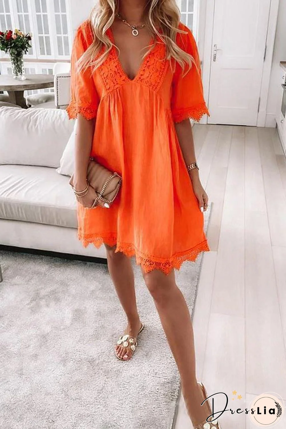 Lace Hem V Neck Mini Dress