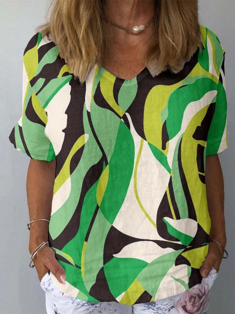 Womens Geometric Art Pattern Print Cotton And Linen Top