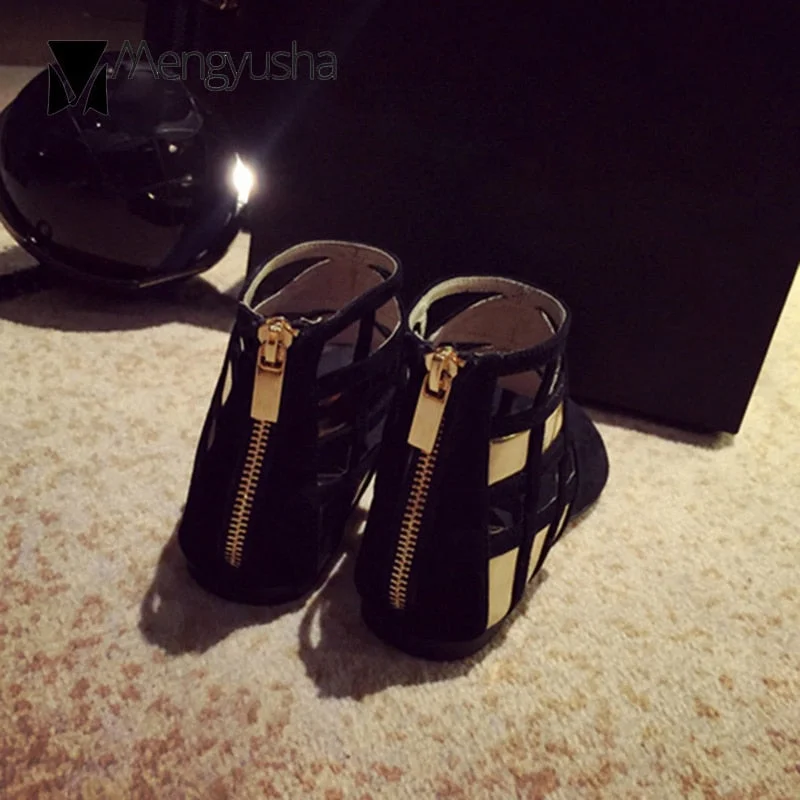 Plus size 42 suede hollow out patchwork women sandals clip toe back zipper flats sandalias roman sexy black high-top women shoes