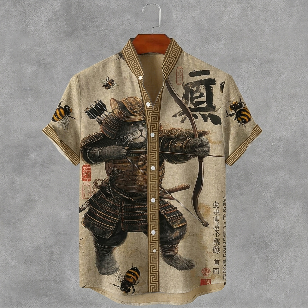 Men's Black Cat Tribal Warrior Japanese Kyudo Print Short Sleeve Shirt elevenforest