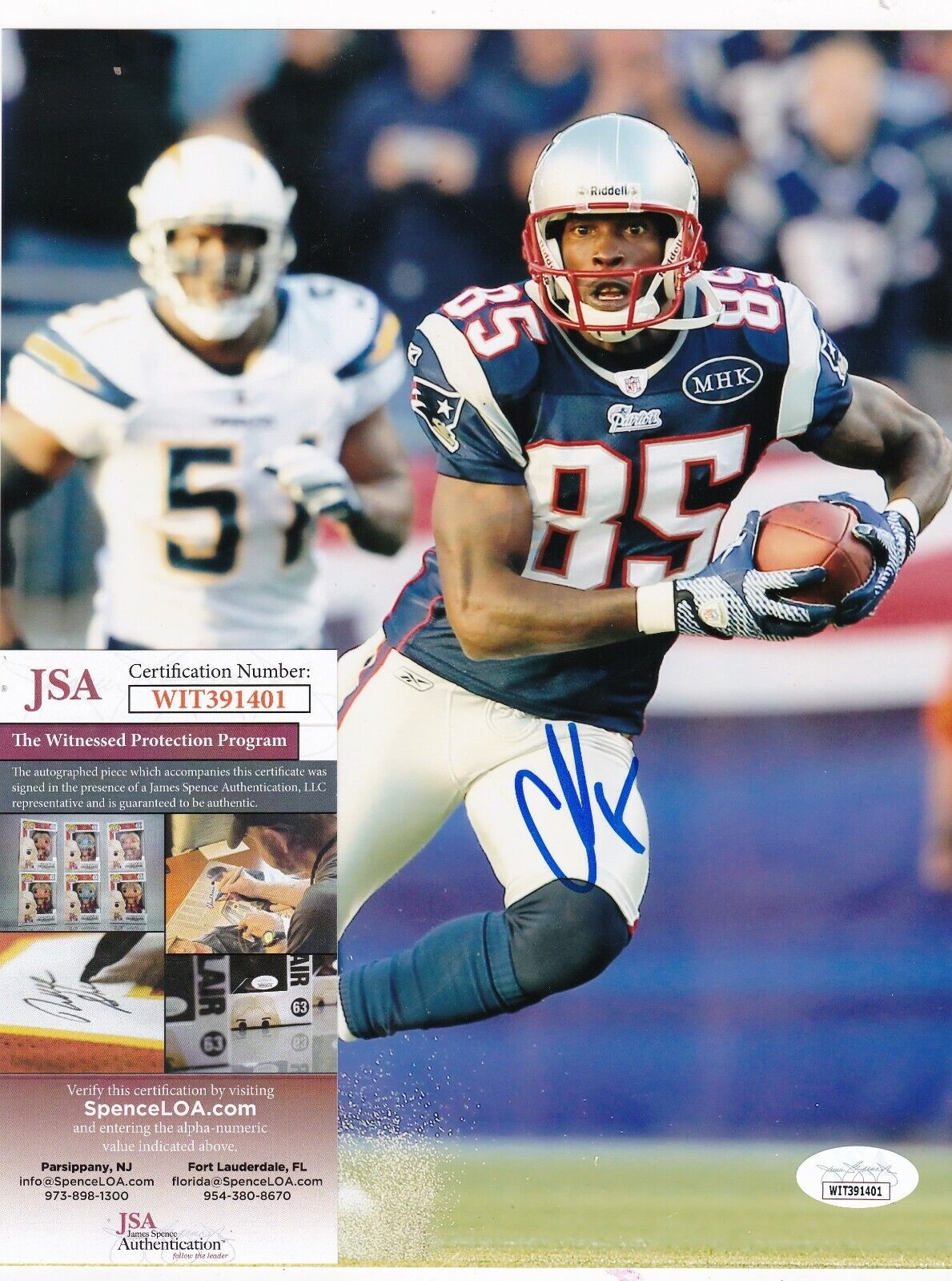 CHAD JOHNSON NEW ENGLAND PATRIOTS JSA AUTHENTICATED ACTION SIGNED 8X10