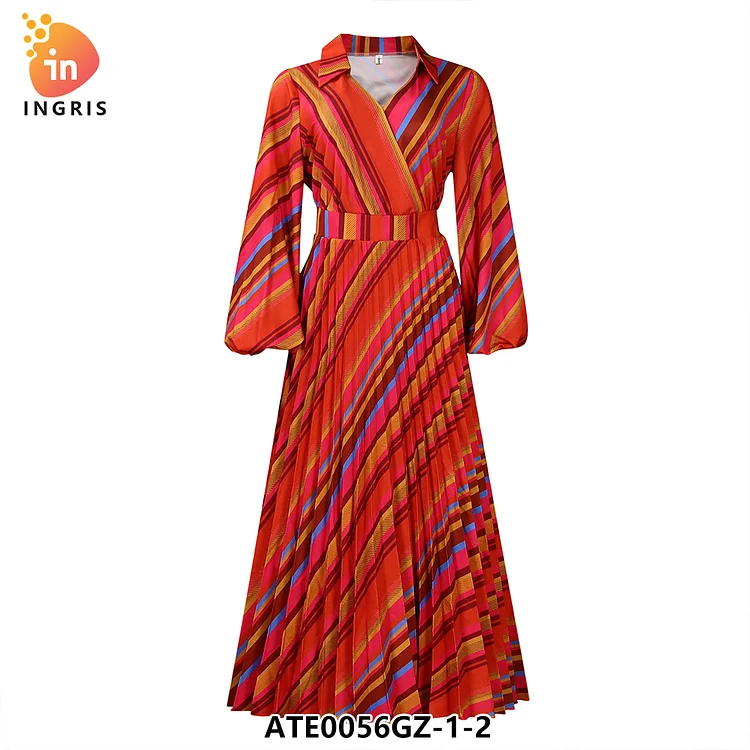 Autumn Colorful Fashion design women's striped long puff sleeve sexy style lapel big swing dress-ATE0056GZ