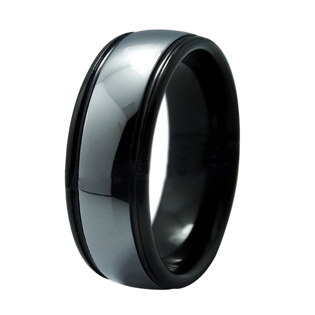 6MM 8MM Men's Silver Glossy Surface Tungsten Rings Black Step Edge