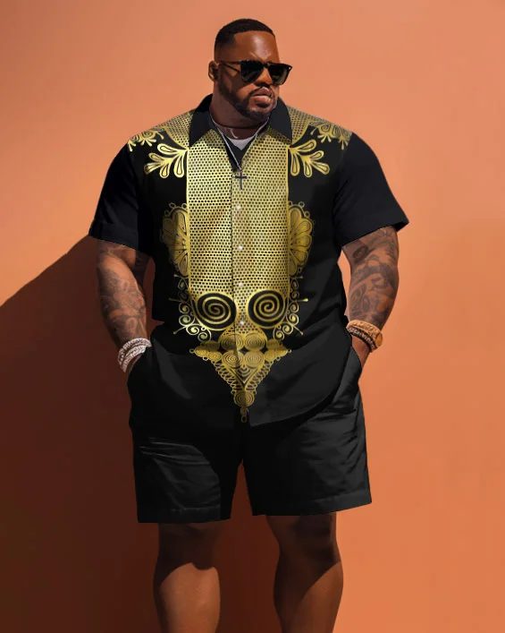 Men's Plus Size Ethnic Pattern Printed Short Sleeve Shirt And Shorts Set