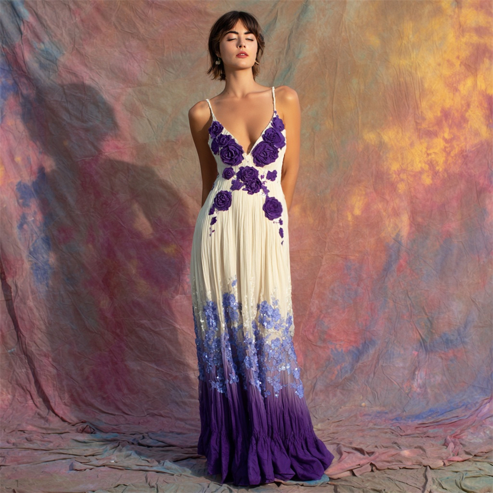 Comstylish Elegant Boho Floral Sequin Embroidery Women's Spaghetti Strap Maxi Dress