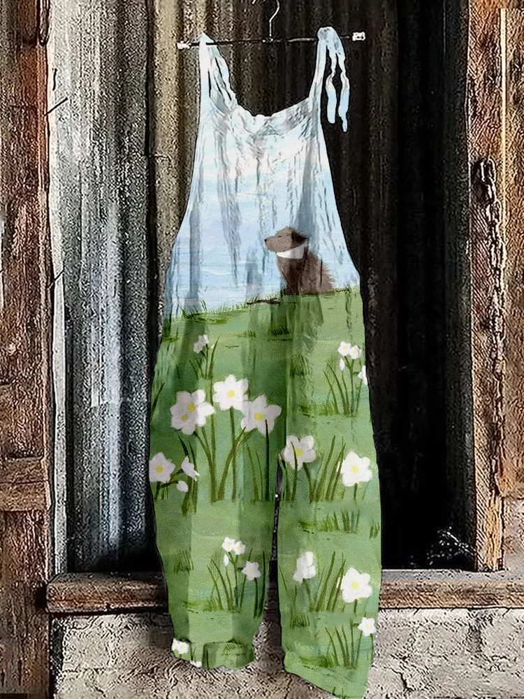 Women's Cute Print Linen Blend Casual Jumpsuit