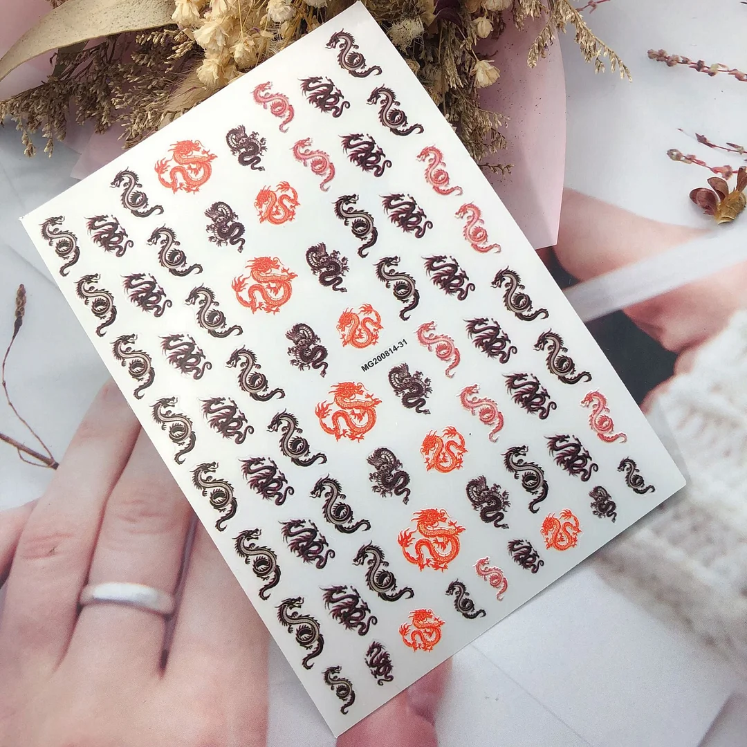 3D Chinese Red Black Dragon Manicure Decor Stickers Snake Nail Sticker DIY Self Adhesive Nail Decals Acrylic Nail Art Decoration-Nail Inspo