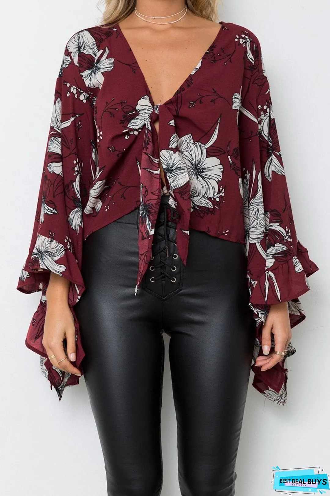 Flared Sleeve Ruffled Irregular V-Neck Top
