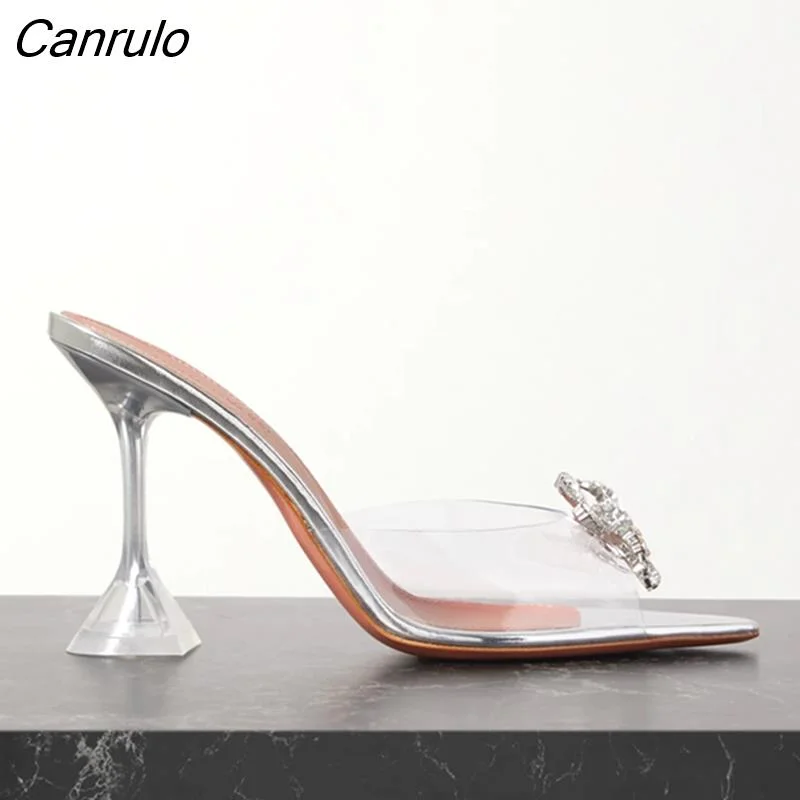 Canrulo size 35-45 Transparent PVC Women Slippers Fashion Crystal Bowknot High heels Jelly Shoes Summer Female Green Mules Slides