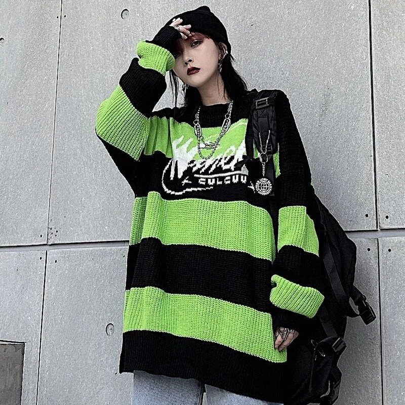 Women's Striped Sweater Winter Casual Letter Tops Harajuku Vintage Green Pullover Autumn Streetwear Korean Fashion Teen Knitwear