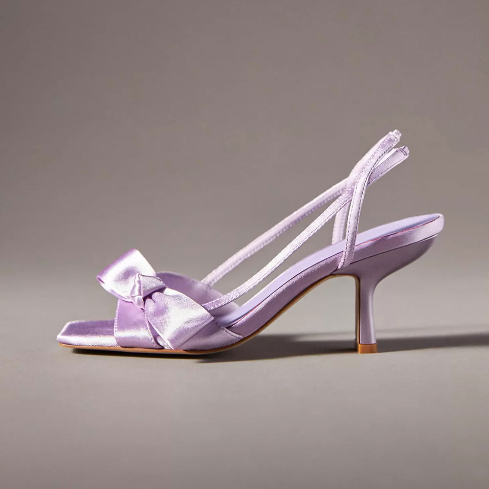 Purple Satin Square Toe Kitten Heel Sandals with Bow Nicepairs