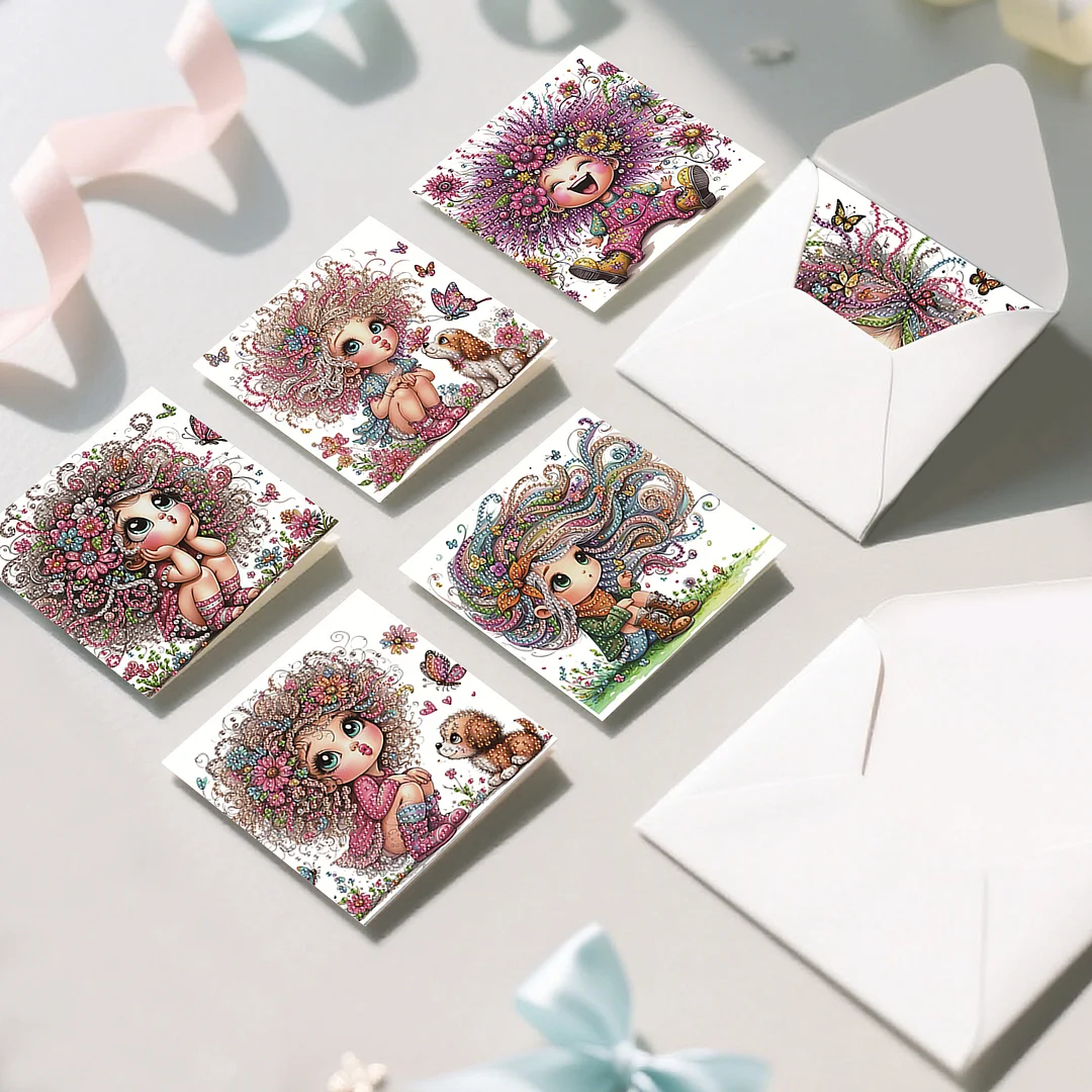 6pcs Girl DIY Diamond Art Greeting Cards Thank You Cards and Holiday Blessings(Blank Inside)