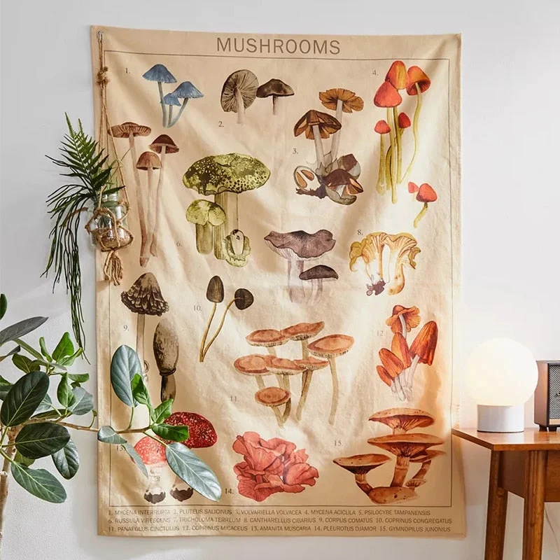 Mushroom Tapestry Wall Hanging Botanical Print Floral Illustration Identification Chart Diagram Illustration Wall Art Boho Decor
