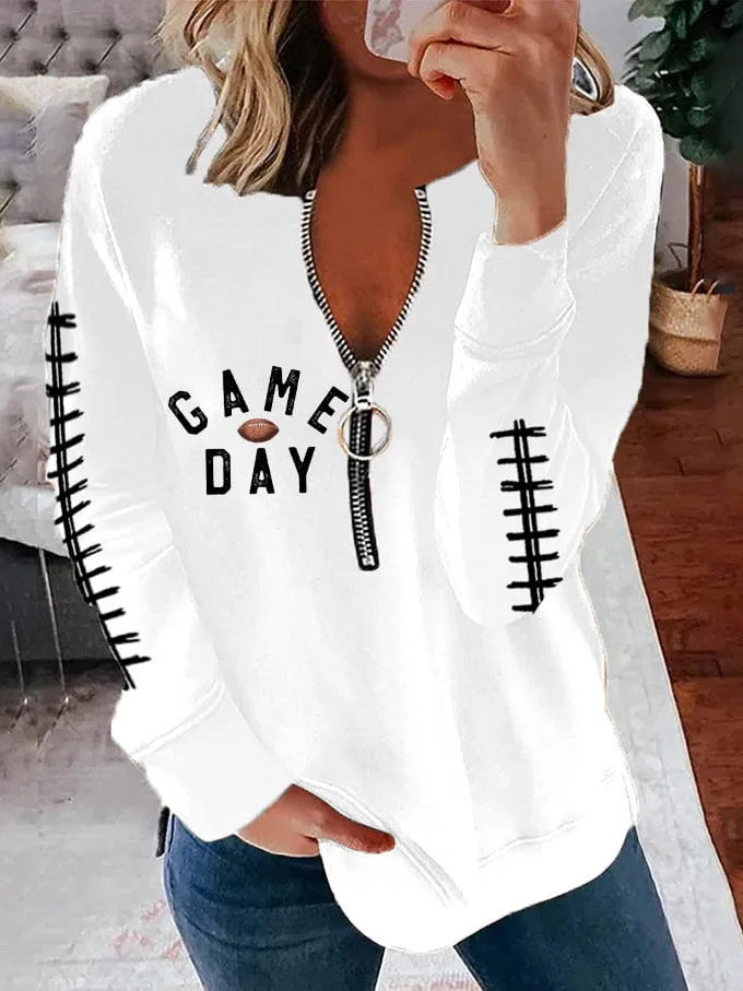 Women's American Football Game Day Print Zip Neck Sweatshirt socialshop
