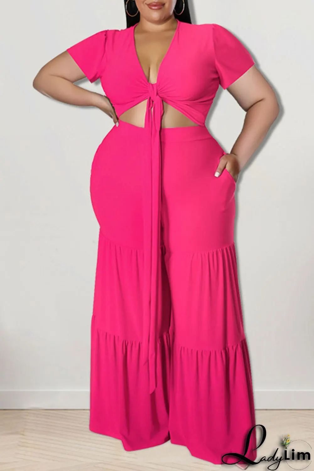 Black Casual Solid Bandage Patchwork V Neck Plus Size Two Pieces