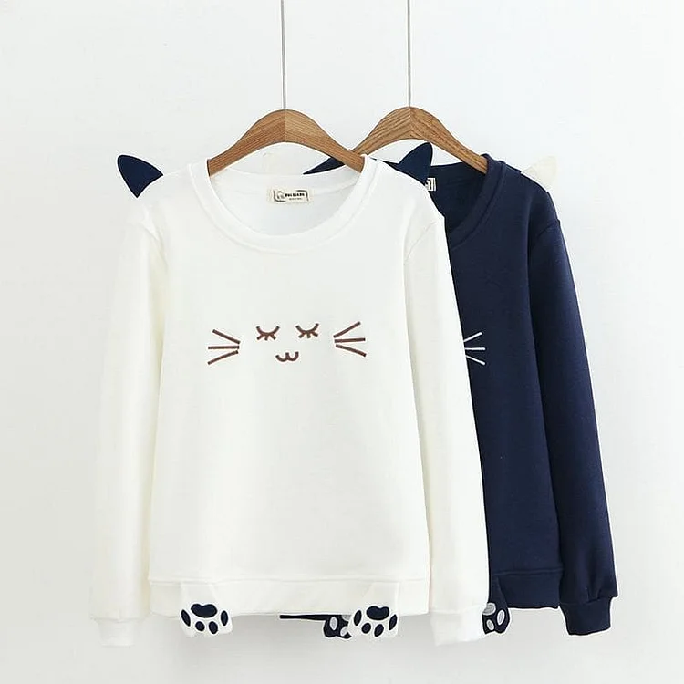 White/Navy Kawai Sleeping Kitty Sweatshirt SP1711008