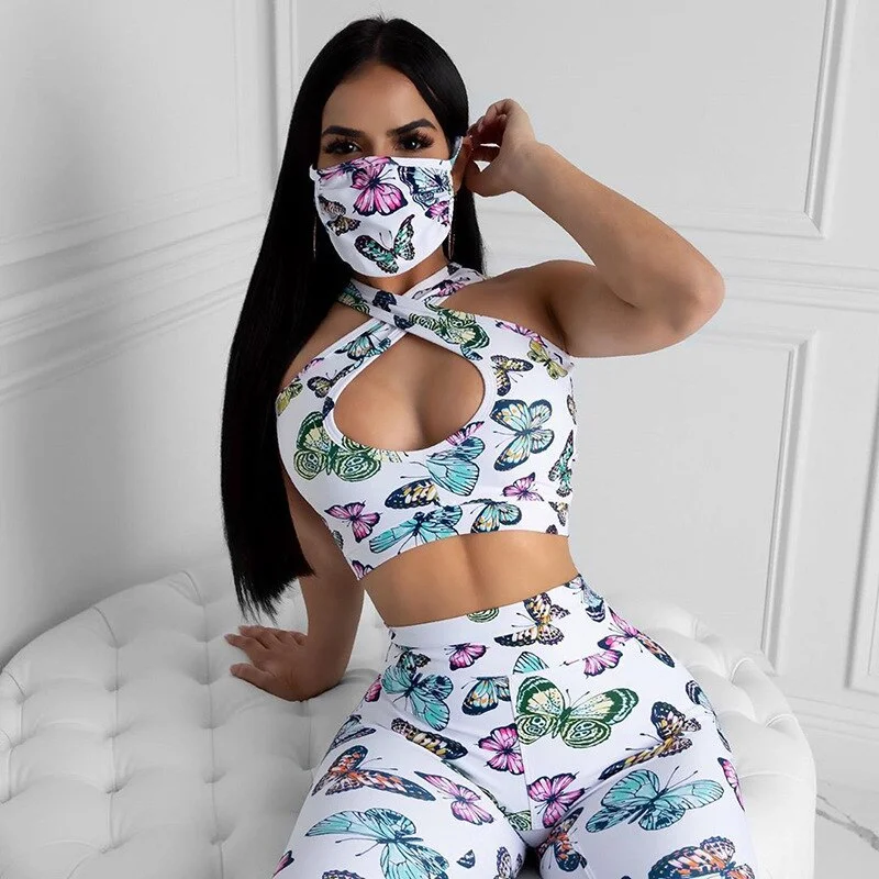 Sports Wear For Women Gym Running Leggins Fashion Causal Sexy Neck Print Workout Pants Vest Wear Set conjunto deportivo mujer