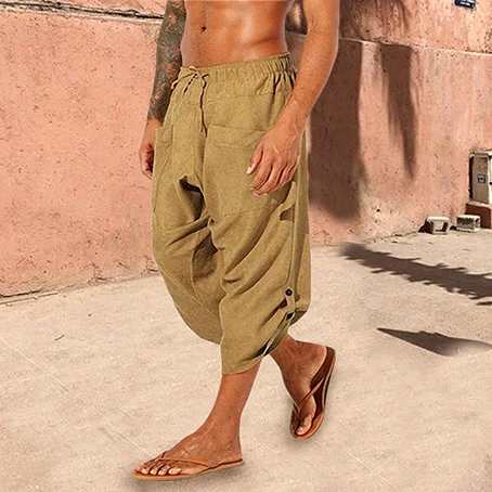 Men's Boho Linen Drawstring Loose Pockets Casual 7 Point Pants abde