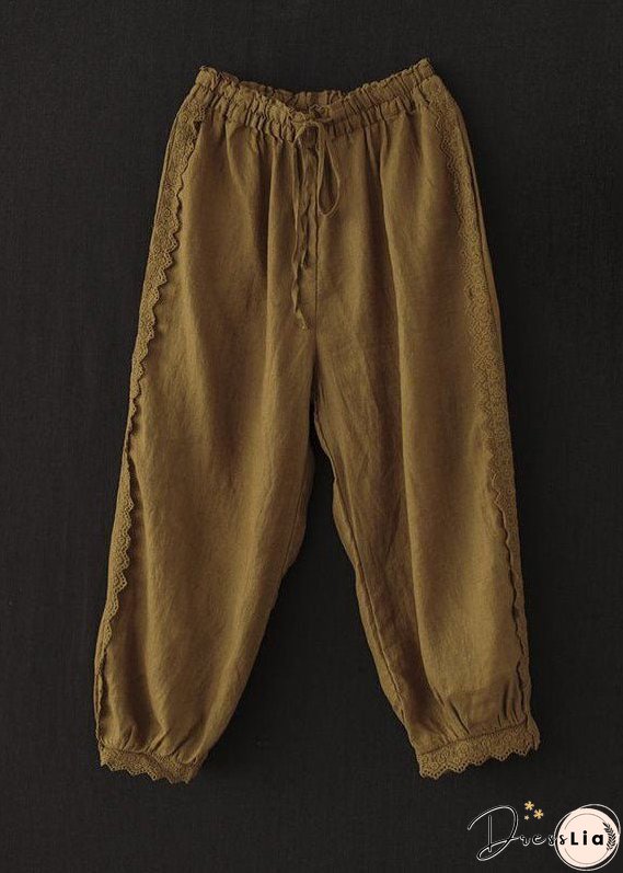 Unique Brick Red Lace Patchwork Linen Crop Pants Summer