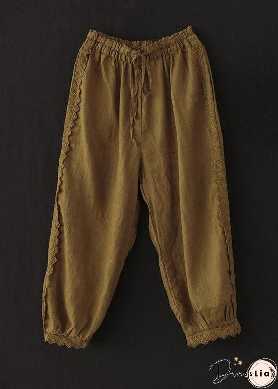 Unique Brick Red Lace Patchwork Linen Crop Pants Summer