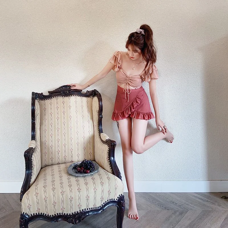 Kawaii Set: Frill Trim Drawstring Tankini Top + Swim Skirt YP981