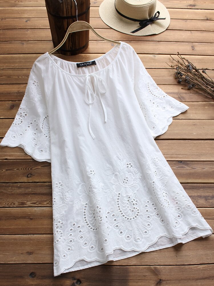 Bandage Hollow Embroidery Laced Half Sleeve Vintage Blouses P1312086