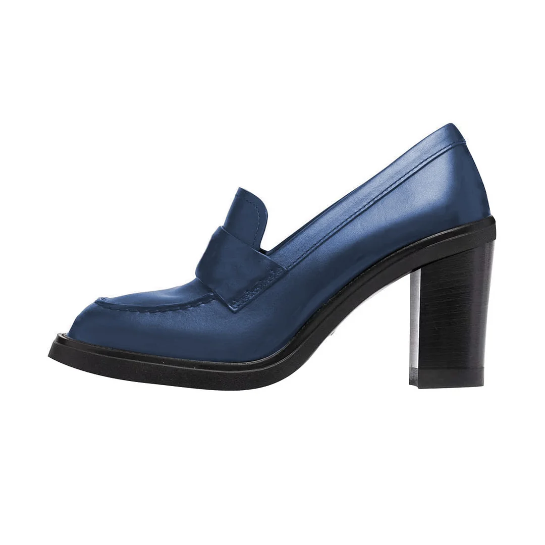 Women's Formal Blue Vegan Leather Round Toe Block Heel Loafers