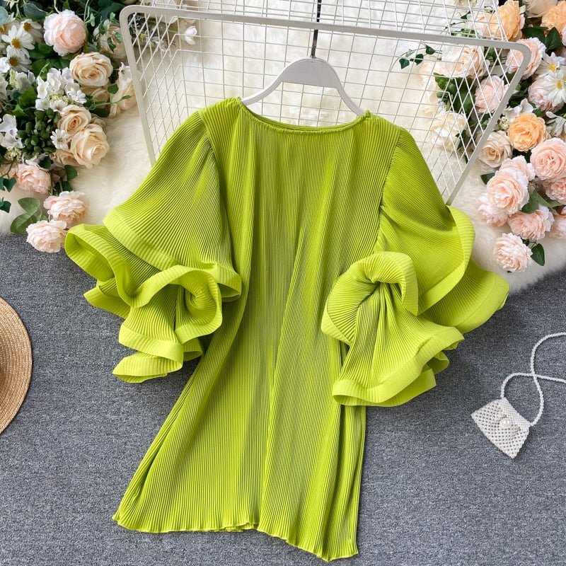 Women's Shirt Ins Design Sense Butterfly Sleeve Loose Pleated Chiffon Female Summer Solid Tops 2020 New Tide Blouse ML876