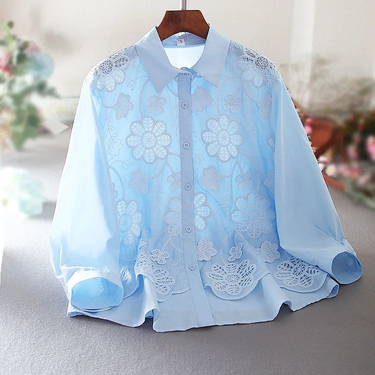Women's Blue Casual Hollow Embroidery Flower Loose Top