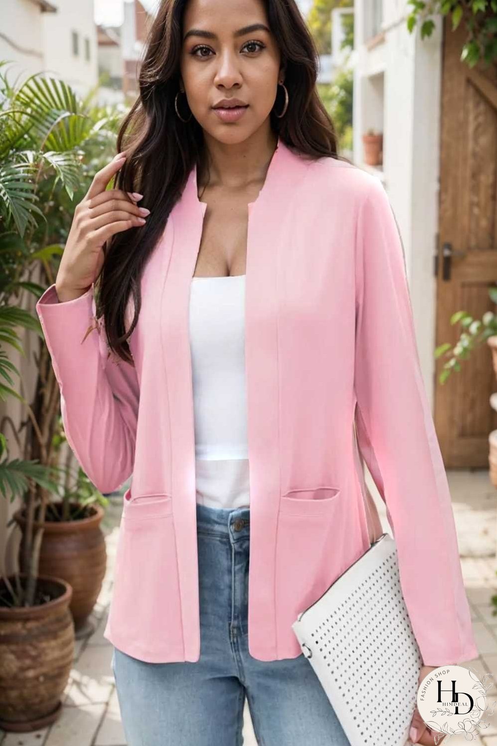 solid long sleeves pockets open front versatile blazer