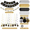 Birthday Decorations, Happy Birthday Banner with Birthday Balloons, Honeycomb Balls, Hanging Swirls, Circle Dots Garland, Happy Birthday Party Decorations for Women Men Boys Girls (Black&Gold)