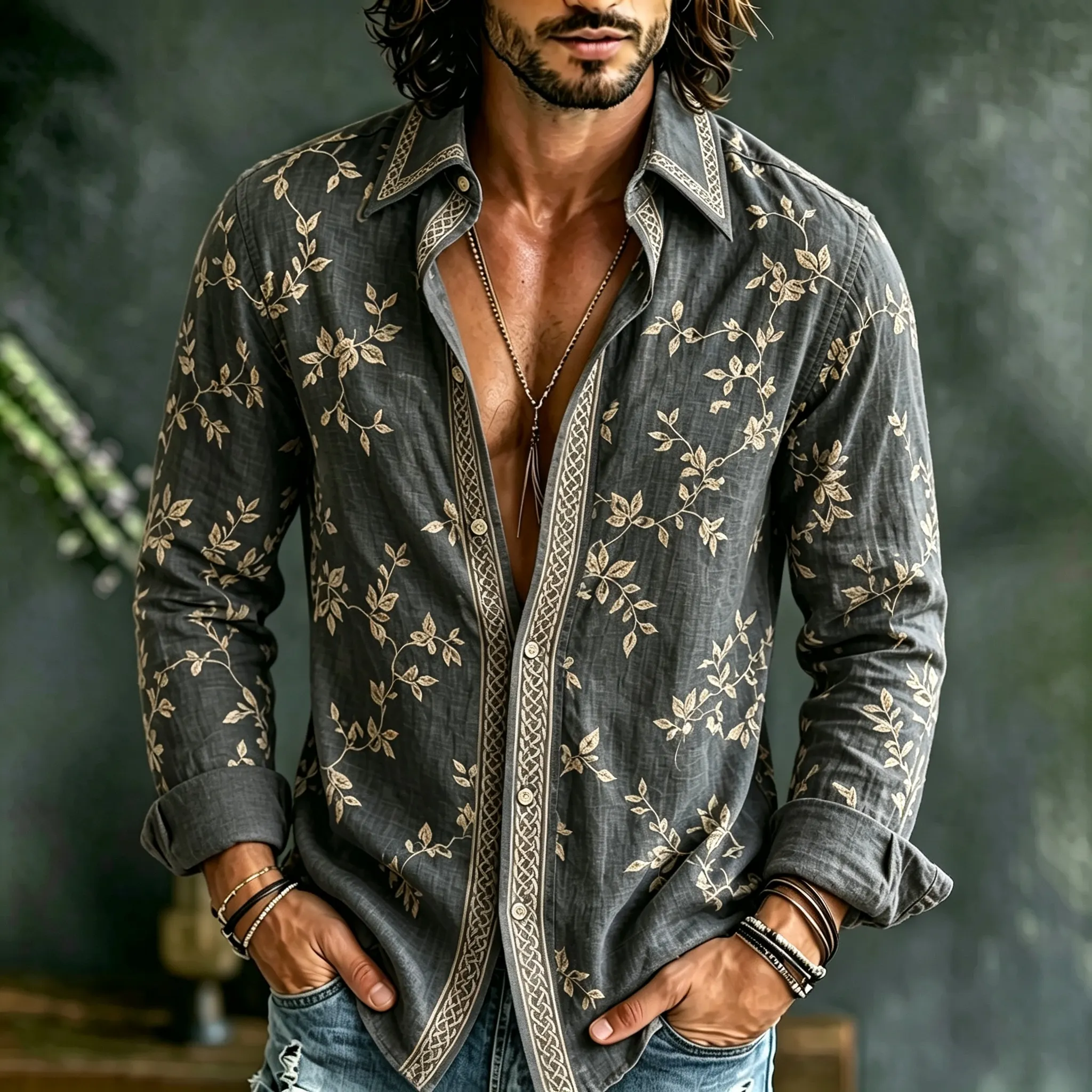 Men's Retro Floral Print Cotton Linen Long-sleeved Shirt  artssus