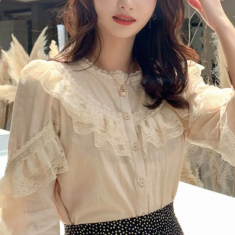 Ladies Lace Tops Women Shirts Womens Tops and Blouses 2022 Chiffon Blouse Cardigan Solid Stand Collar Blusas Feminine 8049 50