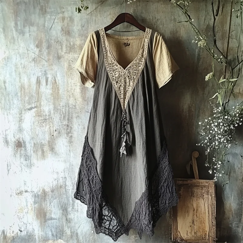 Vintage Lace Patchwork Contrast Linen Dress