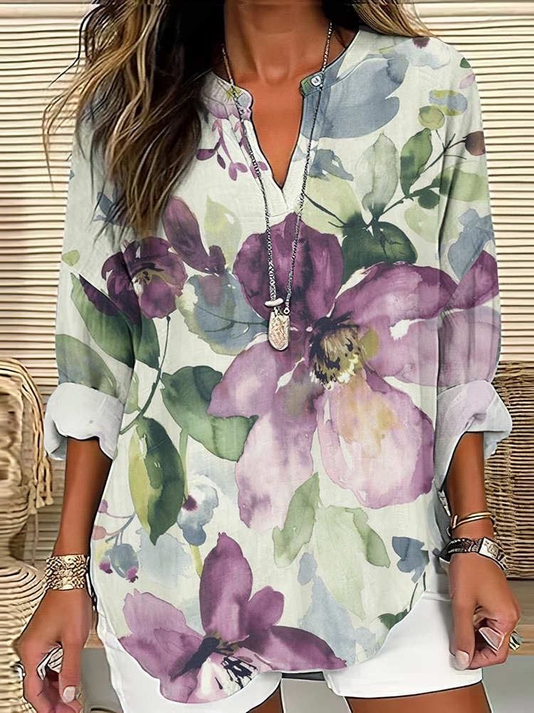 Comstylish Vintage Elegant Botanical Floral Art Linen Blend Tunic