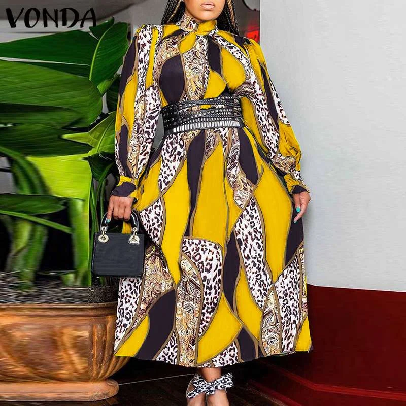 VONDA 2022 Women Pleated Long Maxi Dress Autumn Vintage Floral Printed Vestido Elegant O Neck Party Robes Longue Oversize
