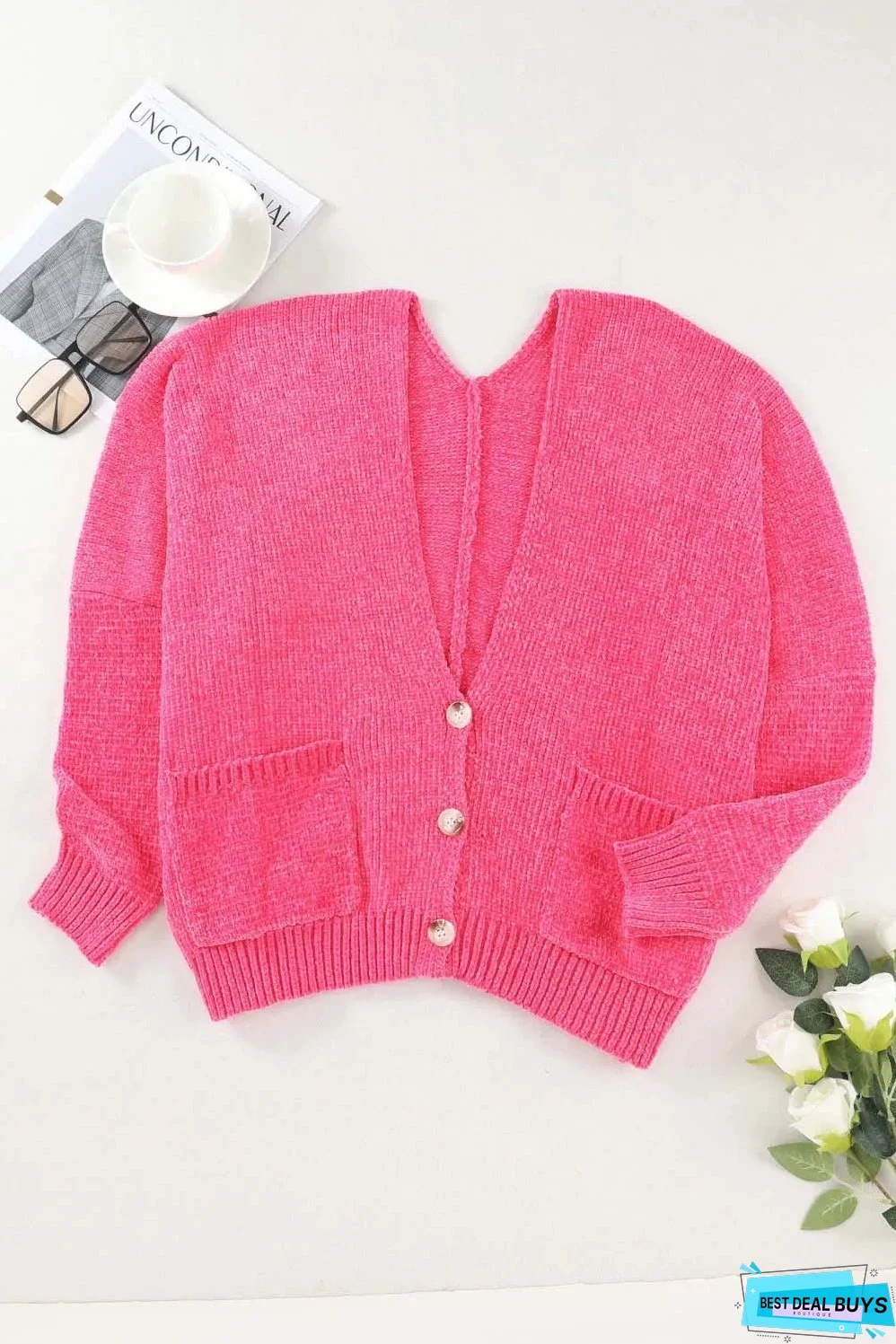 Rose Buttons Front Pocketed Sweater Cardigan