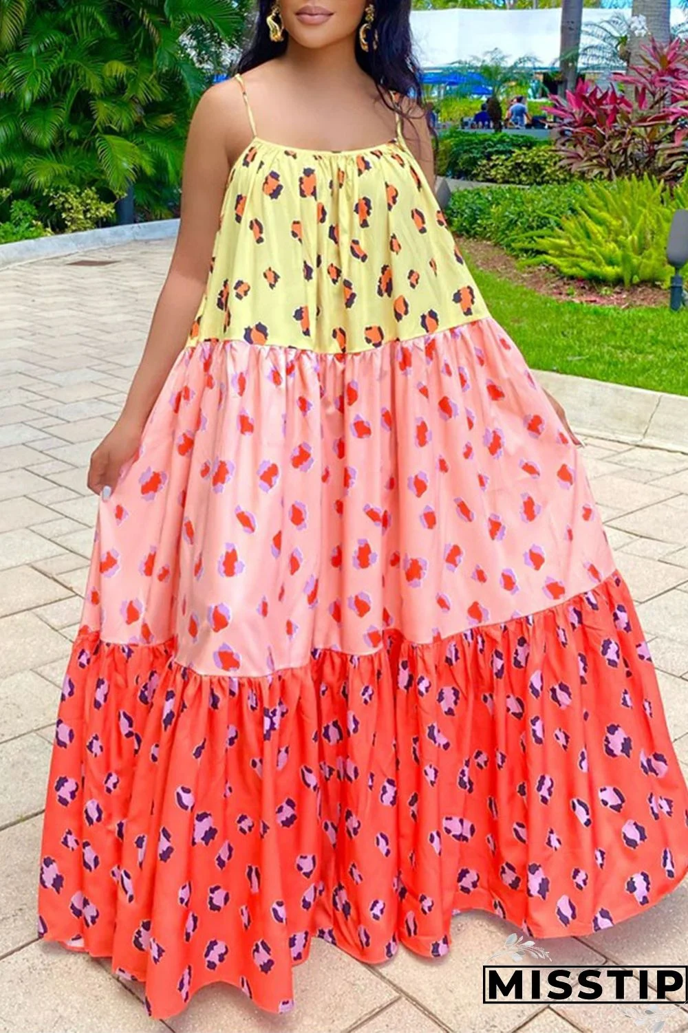 Blue Casual Sweet Print Patchwork Spaghetti Strap A Line Dresses