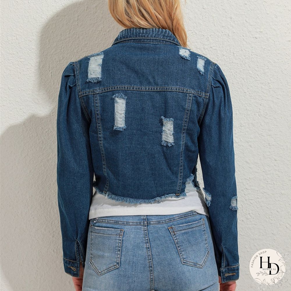 Women's Fashion Short Denim Jacket Puff Sleeve Denim Jacket