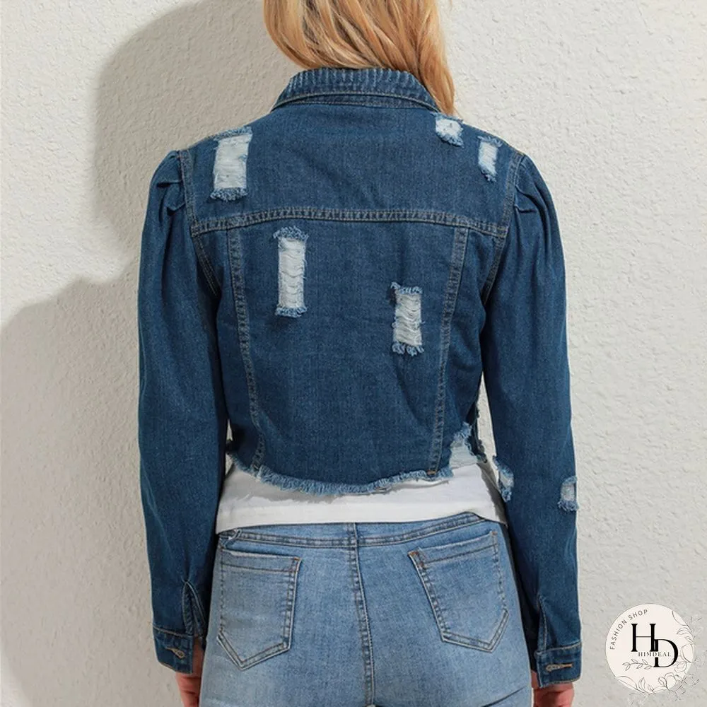 Women's Fashion Short Denim Jacket Puff Sleeve Denim Jacket